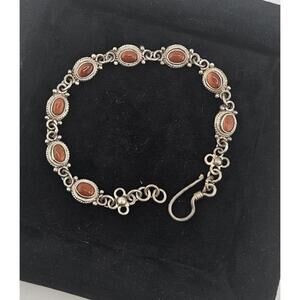 Adjustable 7-7.5in Sterling Silver Carnelian Gemstone Bracelet-21.2grams